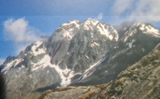 The North Face of Brewster; Central Rib in red. Photo from NZAC Ohau-Landsborough Alps guidebook