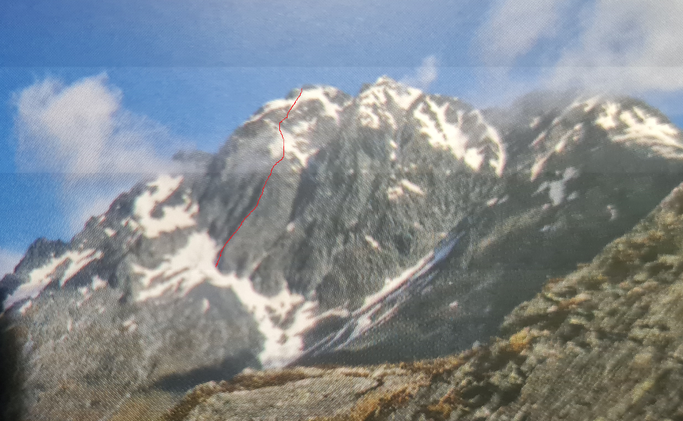 The North Face of Brewster; Central Rib in red. Photo from NZAC Ohau-Landsborough Alps guidebook