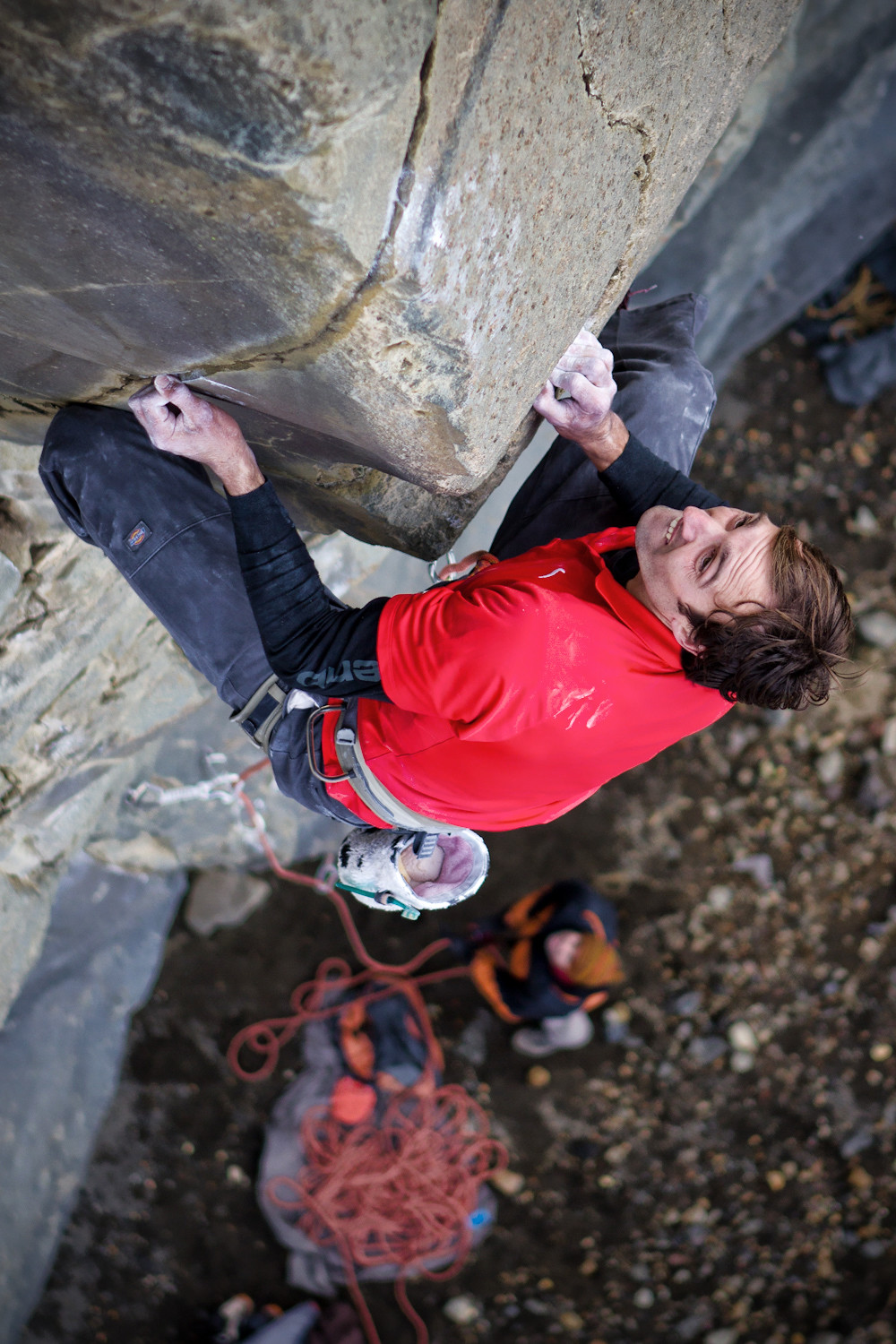 Climber climbs route on arete