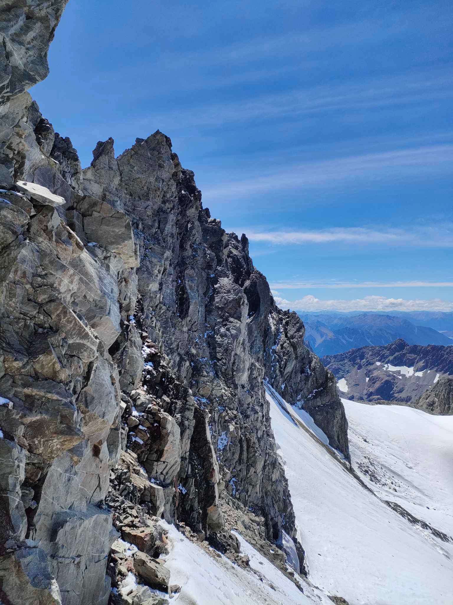 Chossy rock step to gain SW ridge