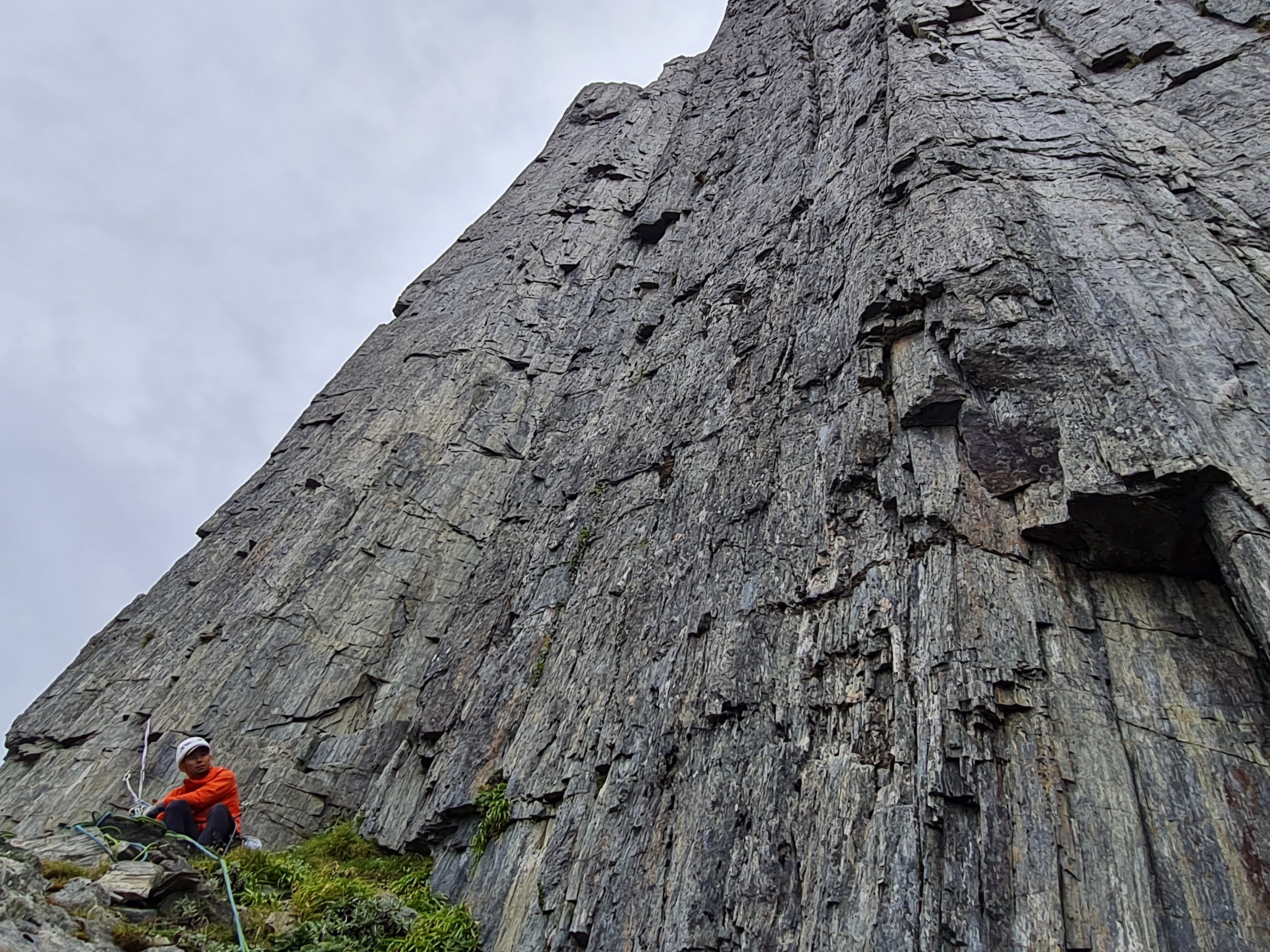 Belay on upper tier - photographer is heading down and  right to a new belay below final steep pitch