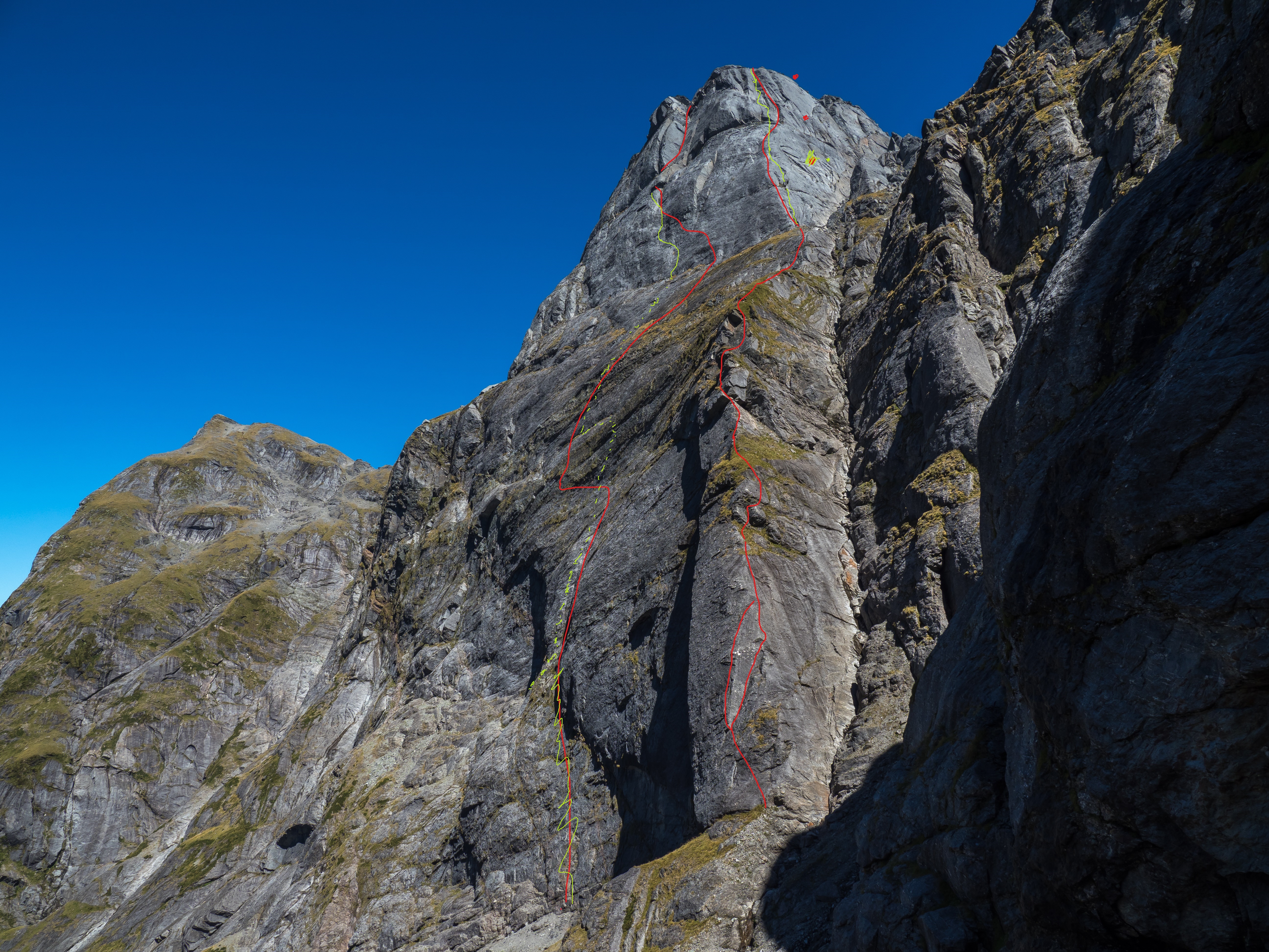 Enchantment (left) and North Rib into N buttress (R). Green lines correct (red lines are wrong!). images from aspiring guidebook mid-edit