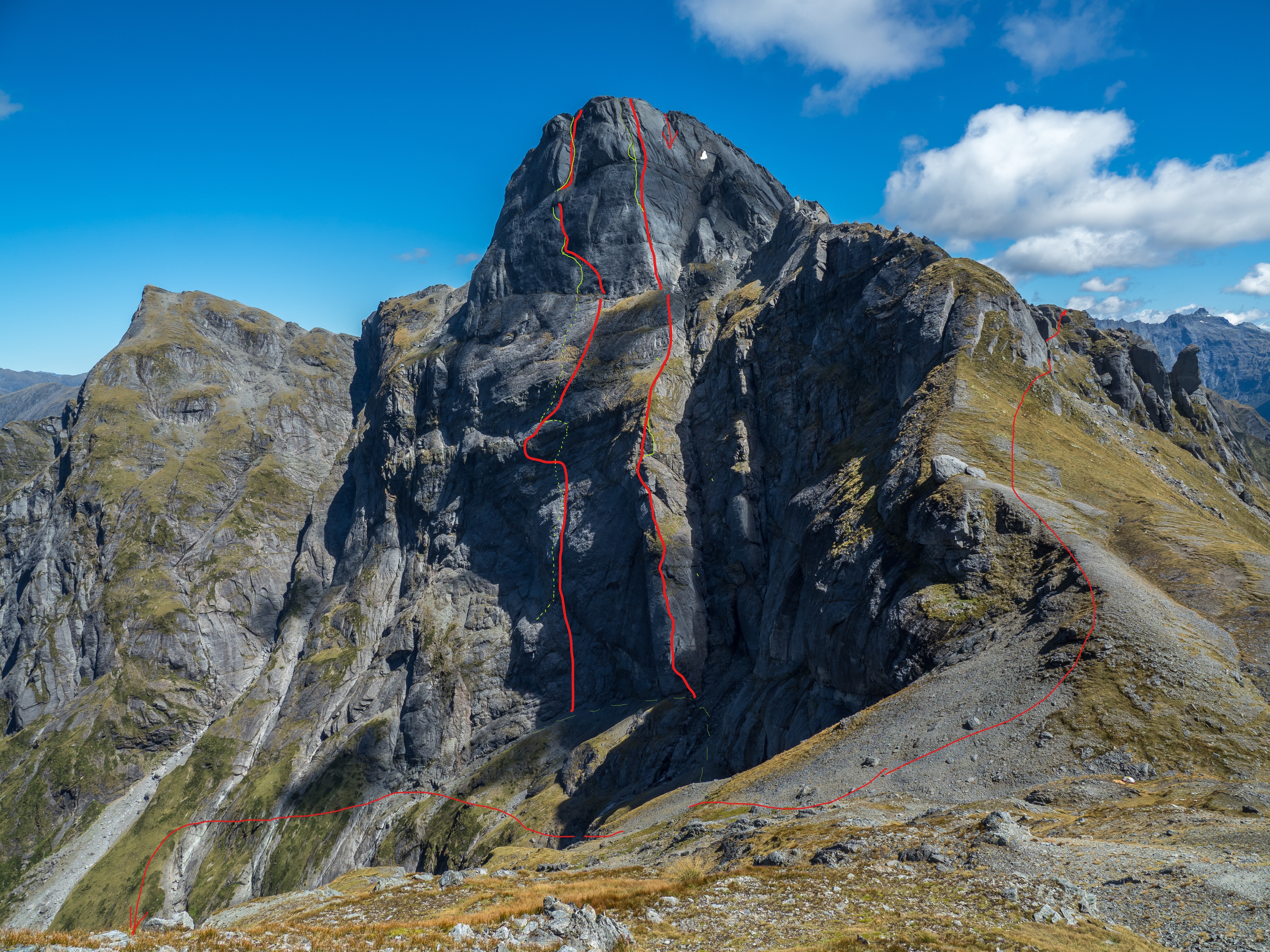 Enchantment (left) and North Rib into N buttress (R). Green lines correct (red lines are wrong!). images from aspiring guidebook mid-edit