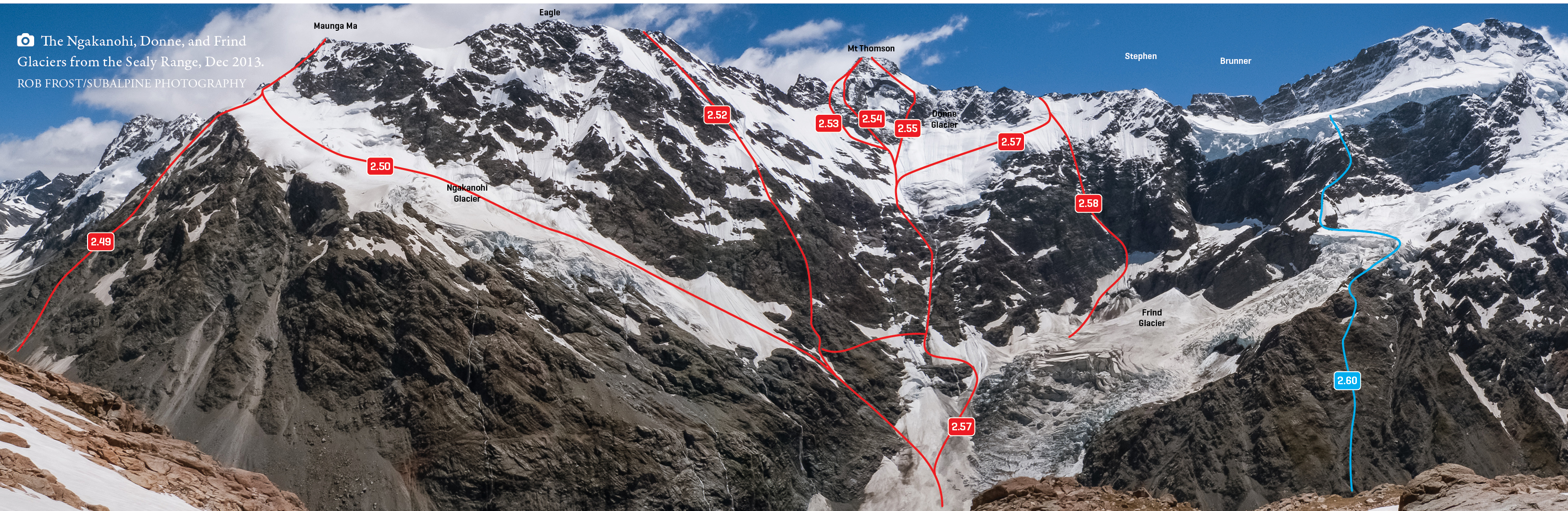 The Ngakanohi, Donne and Frind Glaciers from the Sealy Range (Sefton at far right), December 2013