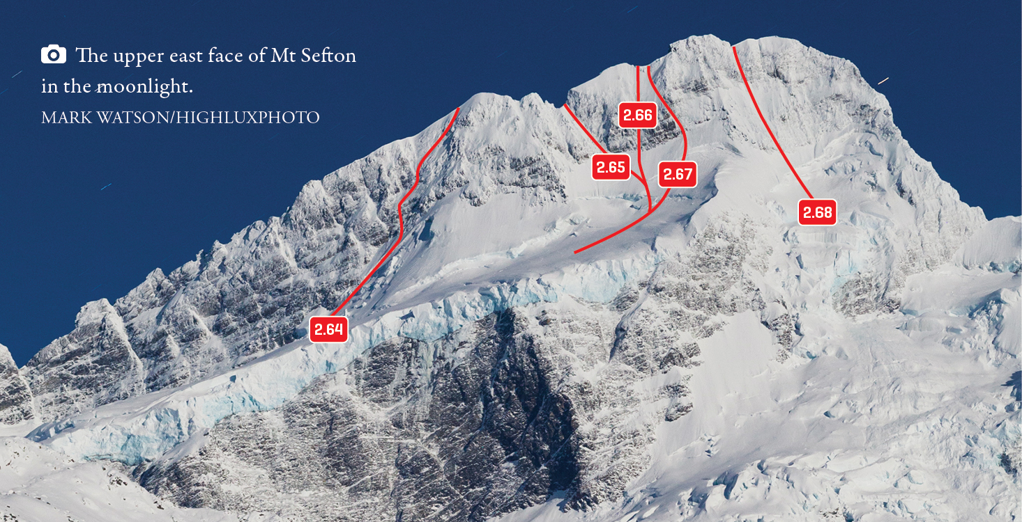 Upper east face of Mt Sefton in moonlight