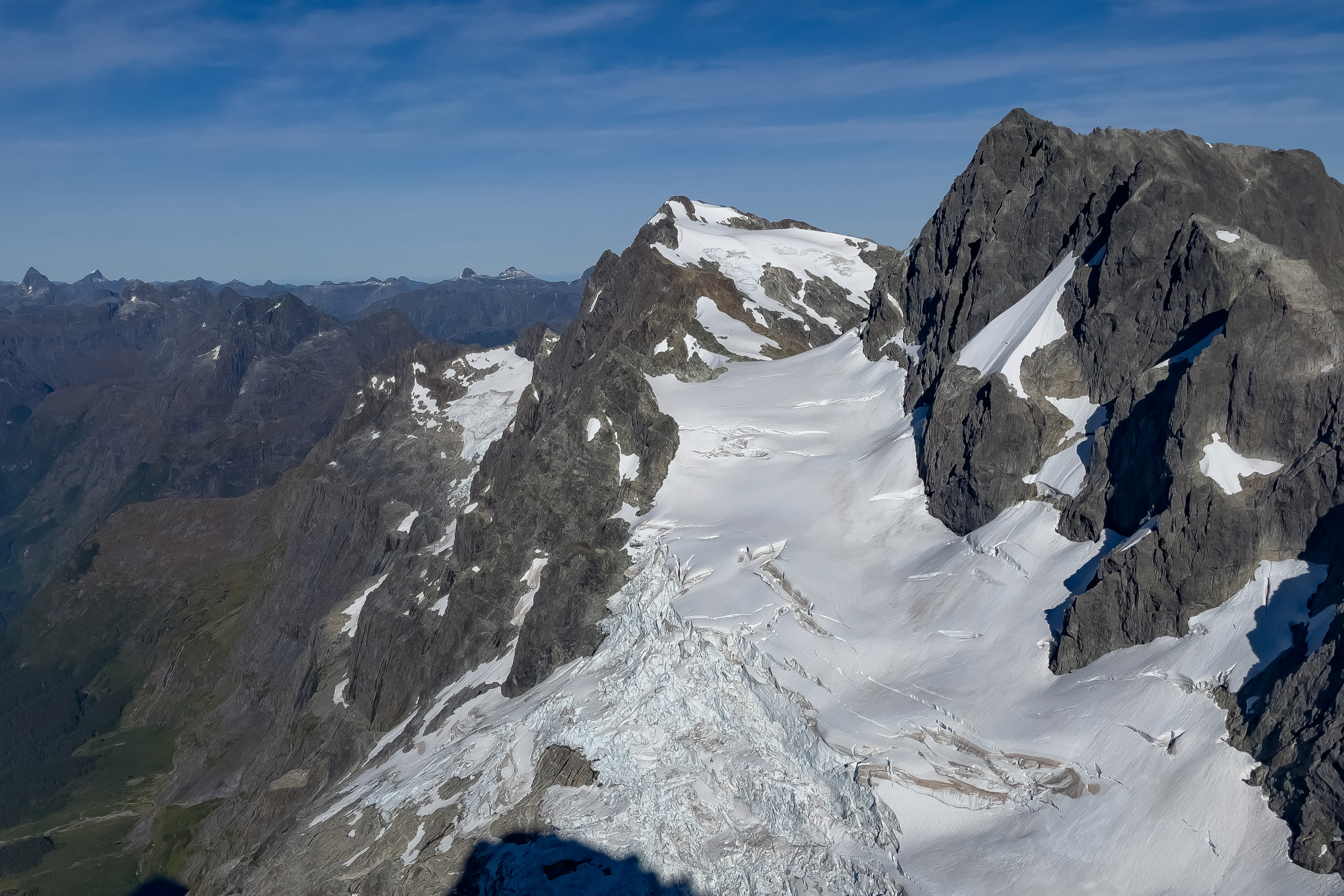 Mt Underwood (centre) and the Taoka Icefall. Patuki Col is just out of view at bottom right. 