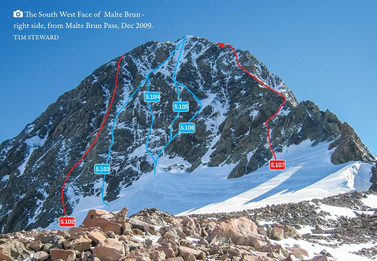 South West Face of Malte Brun – right side – from Malte Brun Pass, December 2009