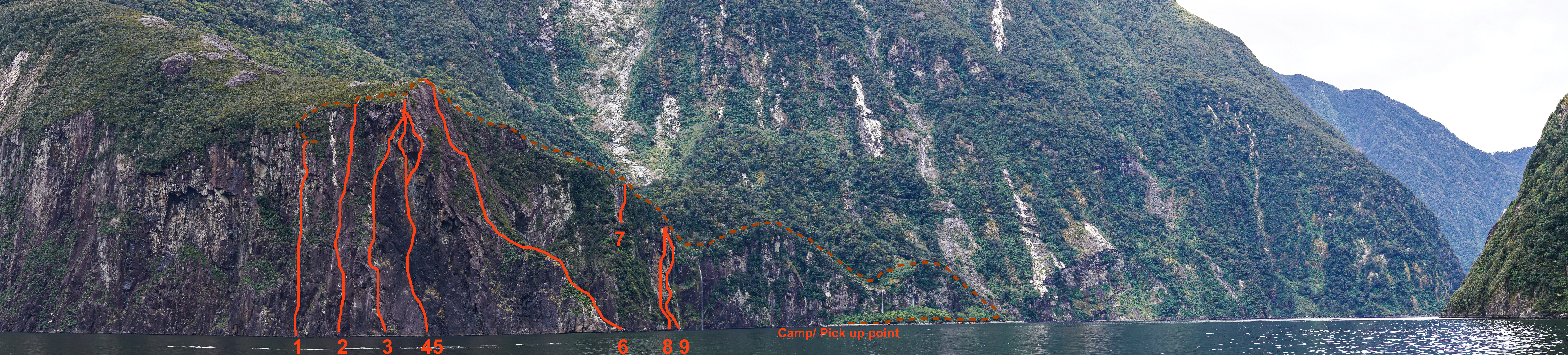 Topo photo showing entire area with track marked in Orange.