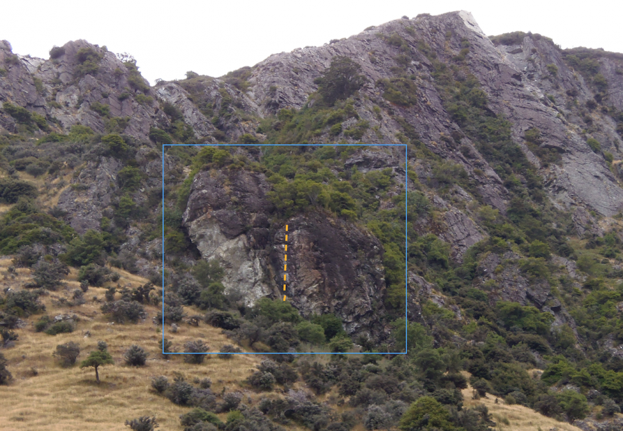Kowhai crag from Unwin carpark, Titipounamu (21) marked Kowhai Crag