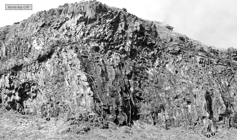 Mangatepopo, Bomb Bay Cliff, left side. Bomb Arête climbs the skyline ridge. Photo: Richard Thomson