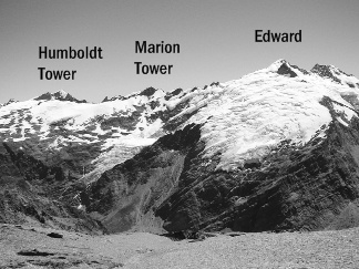 Humboldt Tower, Marion Tower and Mt Edward from the slopes of Mt Ansted. Late summer conditions.