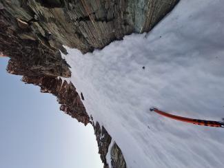 Near top of the scrambling / soloing, heading left to base of rock corner. various other options (easier)