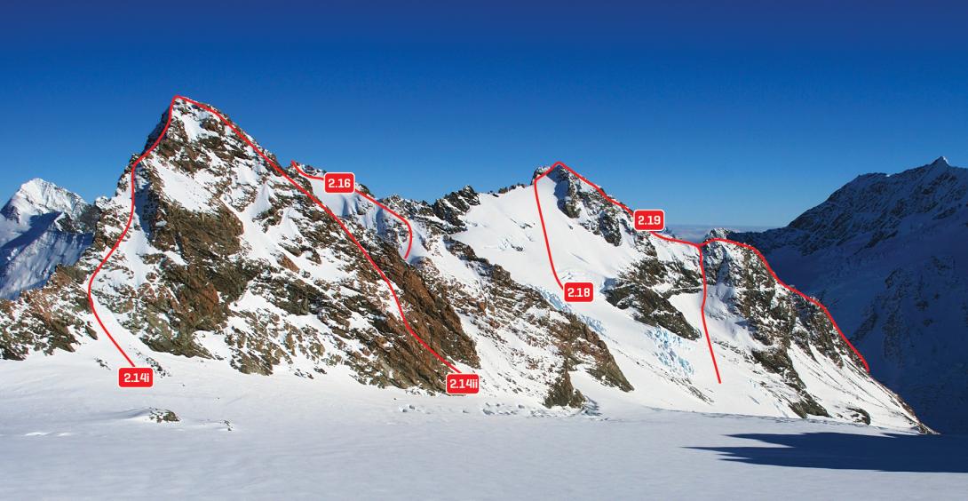 Mt Jean, Mt Jeanette (partly obscured) and Mt Darby from upper Sladden Glacier, July 2011