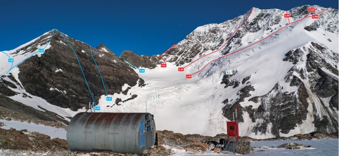 Barron Saddle, Barron Saddle Hut and the upper Mueller Glacier, December 2013