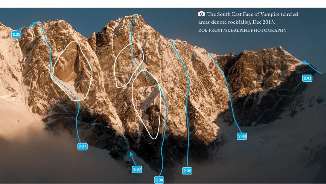 South East Face of Vampire (circled areas denote rockfalls), December 2013