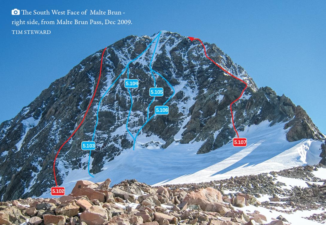 South West Face of Malte Brun – right side – from Malte Brun Pass, December 2009