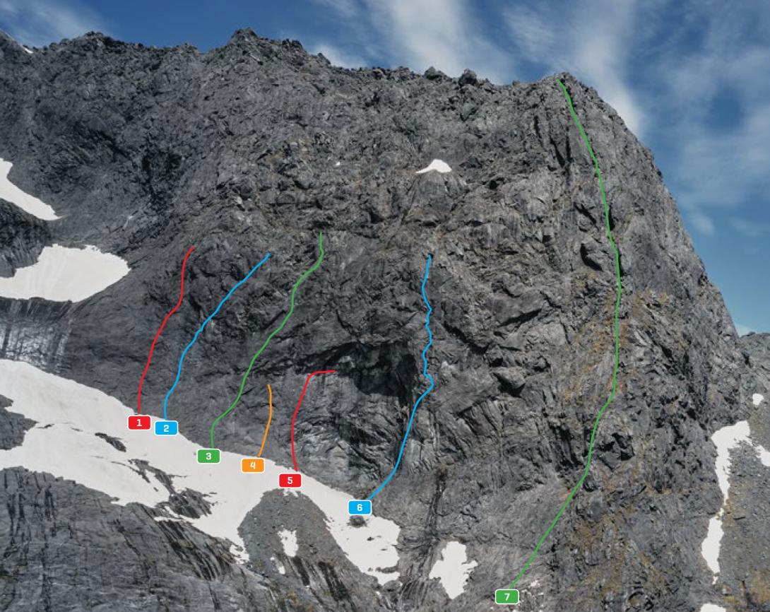 Routes on lower right side of Moir‘s north face, 2025 